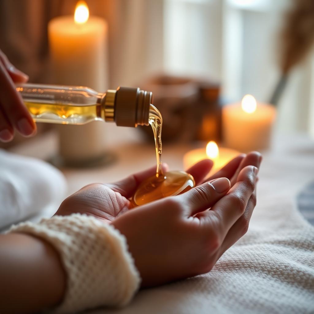 Warmes Massageöl wird im Kerzenschein in die Hand gegossen