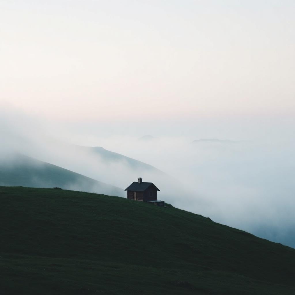Einsame Holzhütte auf einem grünen Hügel im Morgennebel